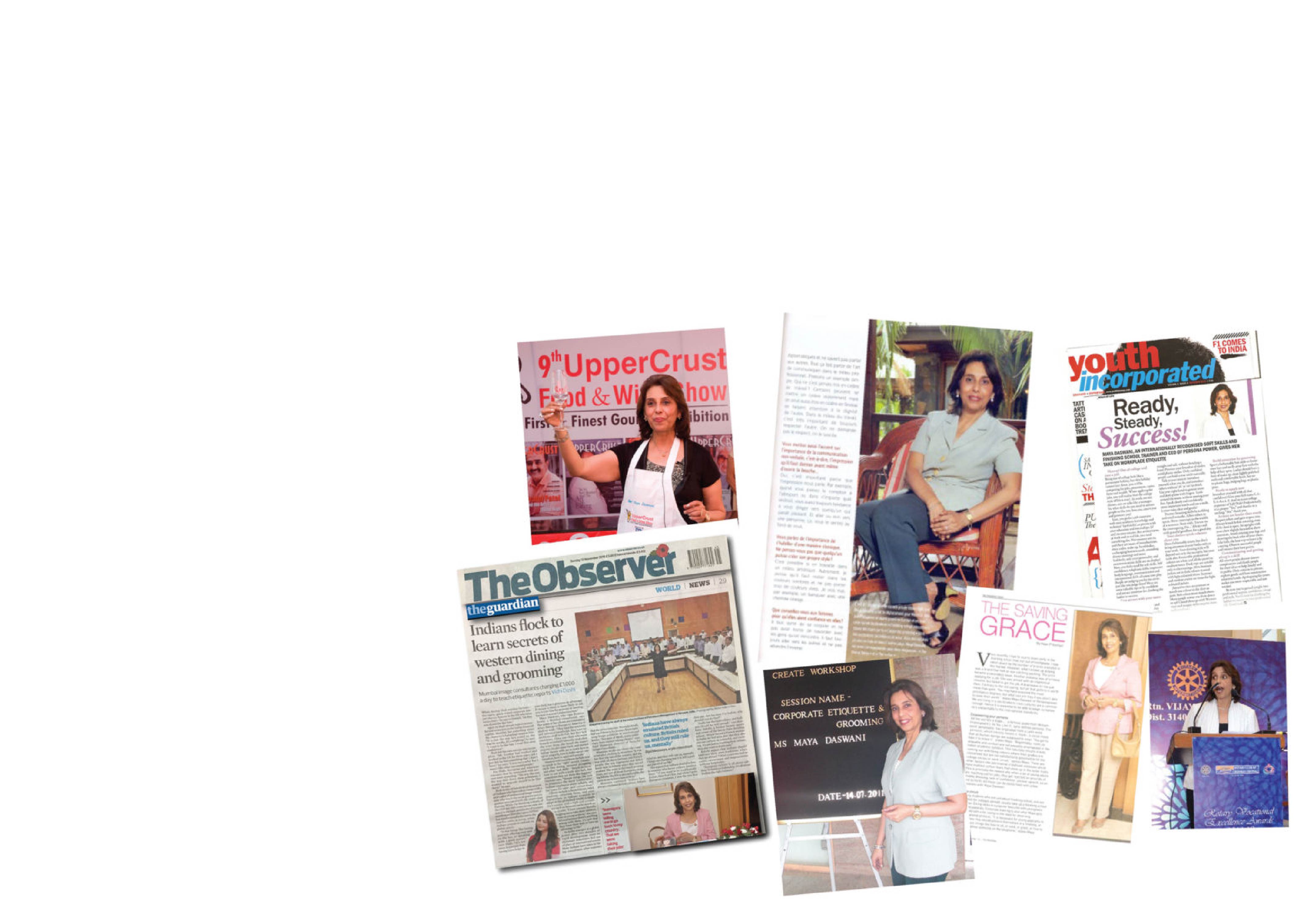Collage of press clippings featuring Maya Daswani
