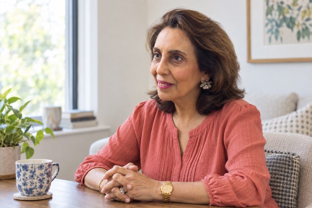 Illustration of Maya Daswani pausing thoughtfully during a conversation
