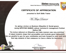 A Testimonial of Appreciation from NMIMS University for Soft Skills trainer, Ms Daswani